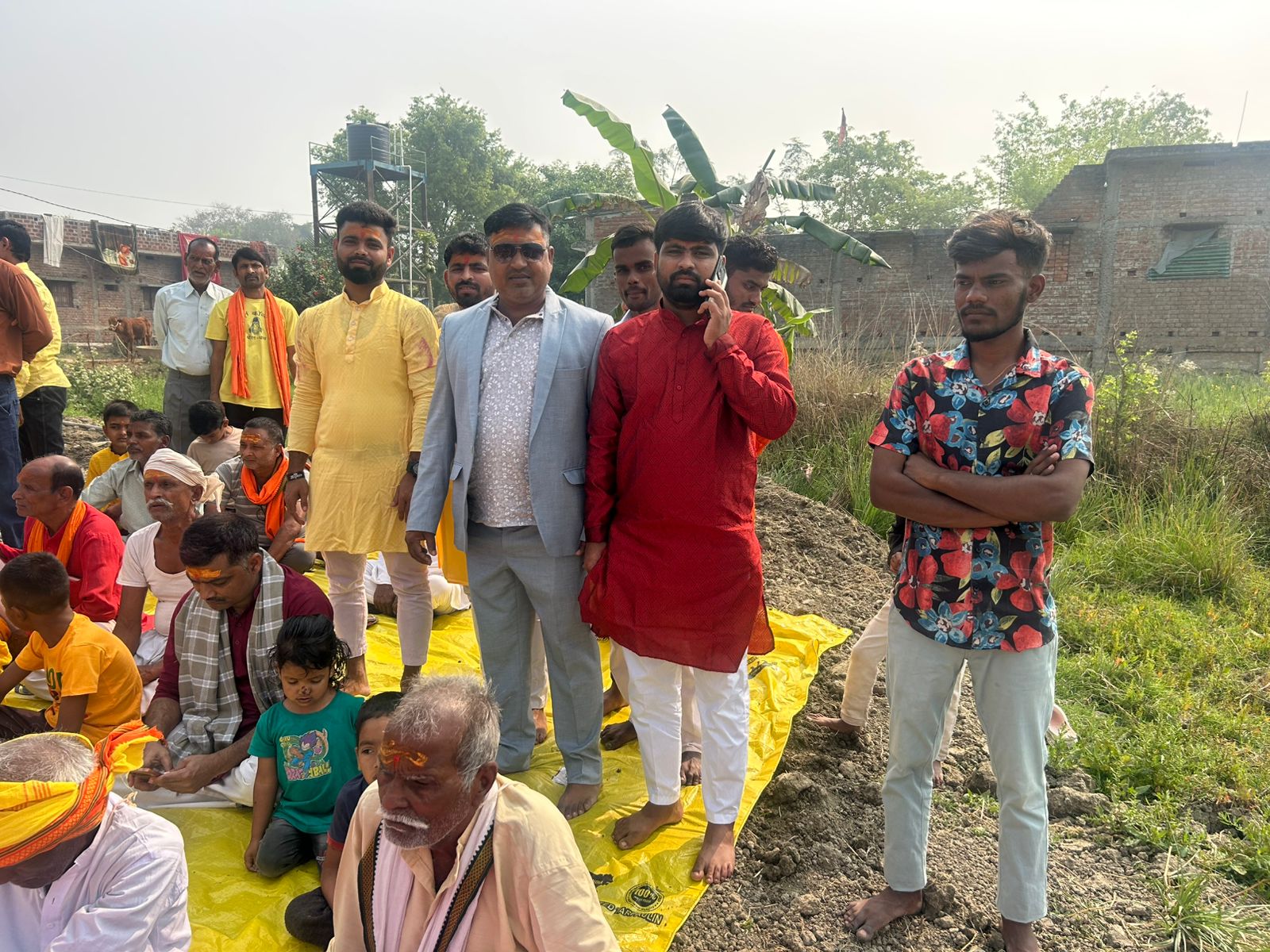 Foundation puja ritual with offerings